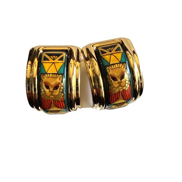 Hermes‎ Earrings, Cloisonne, Multicolor, Amazing Lion graphic! GORGEOUS! BOX - Picture 1 of 7
